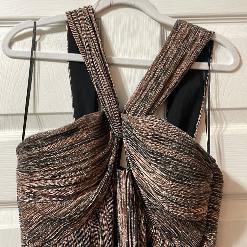 Saylor Halter Sleeveless Midi Dress with Leg Slit Brown Metallic Size Large - Picture 6 of 10